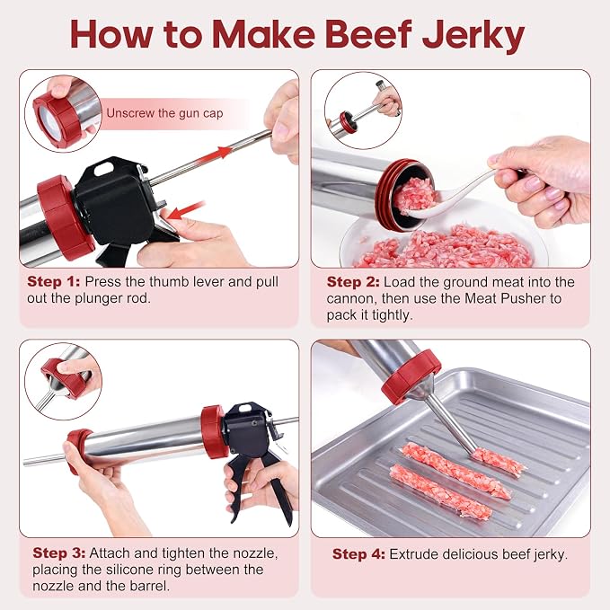 Miden 3rd Gen 2.7LB Premium Beef Jerky Gun Kits, Upgraded 316 Stainless Steel Jerky Maker,Jerky Shooter,Meat Gun,Sausage Stuffer, Beef Jerky Making Gun with 1 Meat Pusher, 5 Nozzles&5 Cleaning Brushes