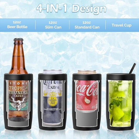 Morefeel 4-in-1 Insulated Can Cooler for 12 oz Cans & Bottles | 304 Stainless Steel Can Holder Fits 12 Oz Slim Cans, Standard Cans, Beer Bottles & Works as A Open Cup; Dishwasher Safe