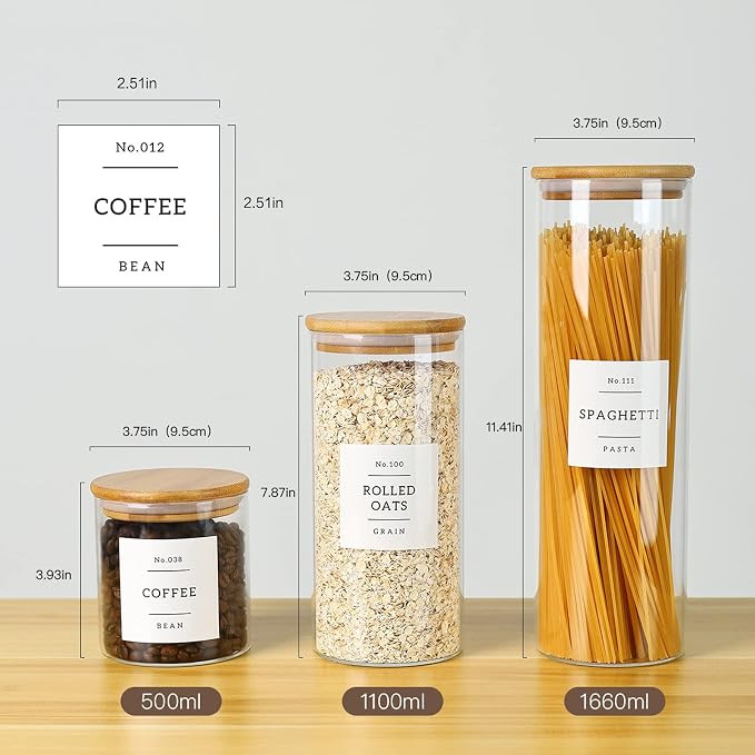 CZSZYGHBAO 5 Pack Glass Jars with Bamboo Airtight Lids - Stackable Food Storage Containers with 132 Pantry Labels - with Wood Lid for Candy, Cookie, Rice, Sugar, Flour, Pasta, Nuts
