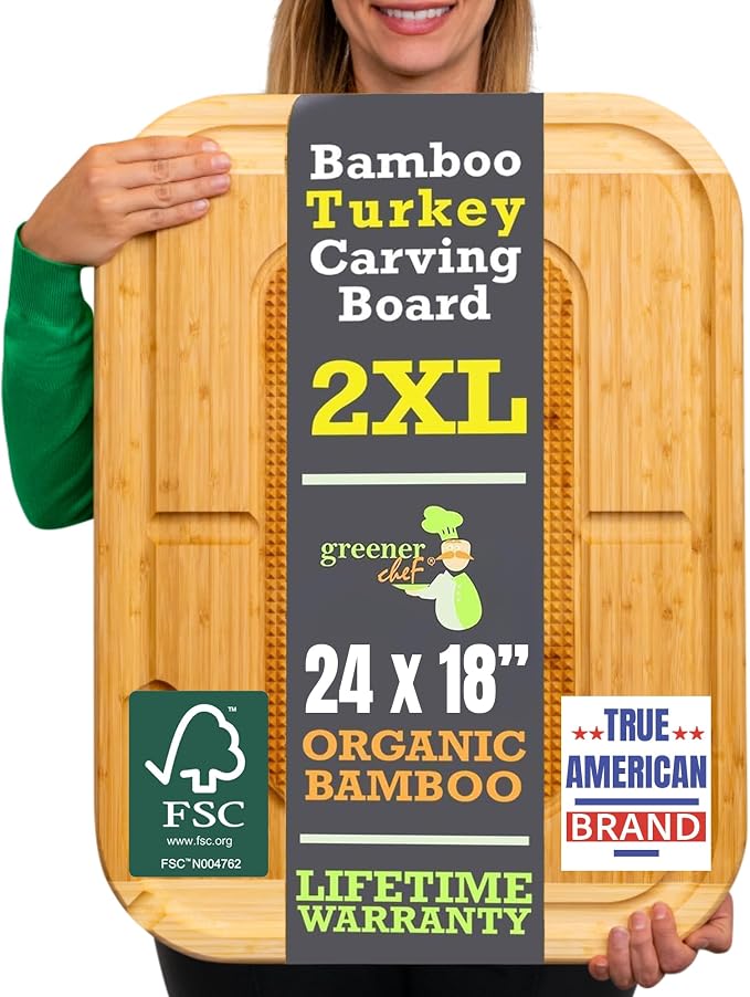 HUGE Organic Bamboo Extra Large Carving Board with Lifetime Replacements - 2XL Meat Cutting Board and Wooden Butcher Block with Pour Spout, Turkey Platter for Christmas Holiday Essentials
