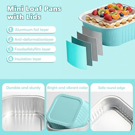 Ruckae 5oz 100 Pcs Square Mini Loaf Pans with Lids-Disposable Foil Dessert Containers,Mini Cake Pans with Lids,Aluminum Dessert Cups for Parties and Weddings (Light Blue, 5oz)