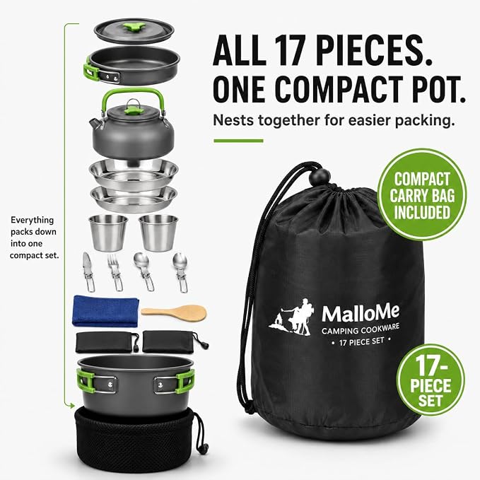 MalloMe Camping Cookware Mess Kit for Backpacking Gear – Camping Cooking Set - Camping Pots and Pans Set - Backpacking Stove/Portable Stove Compatible - Camp Kitchen Equipment Accessories Pot