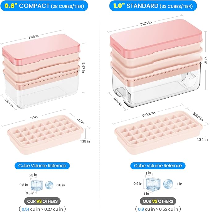 1.0" Ice Cube Trays for Freezer, PHINOX Ice Tray, 3-Tier(32Cubes/Tier) Pink