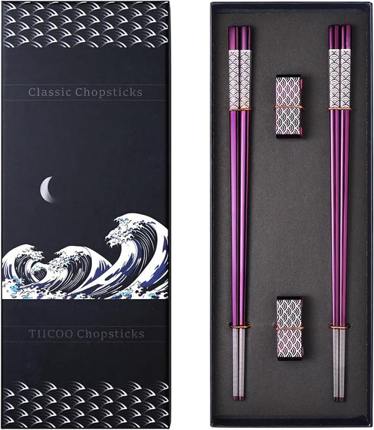 Metal Chopsticks Reusable 2 Pairs Titanium Stainless Steel 18/8 Chopsticks with Holder, Dishwasher Safe Lightweight Japanese Style Chopsticks Gift Set (Purple)