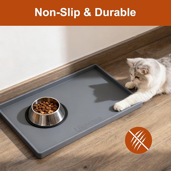 ukeetap 19" x 12" Extra Thick Silicone Mat Waterproof with Raised Edge, BPA Free Non-Slip Dog & Cat Food Mat, Feeding Mat for Food and Water Bowls, Spill Proof Mat to Protect Floors, Gray