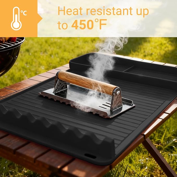 Silicone Grill Mat for Blackstone Griddles & Outdoor Grills - Heat Resistant (450°F) Countertop Protector, Non-Slip Tool Organizer & Grease Catcher, 16x11.5 Inch(Black)