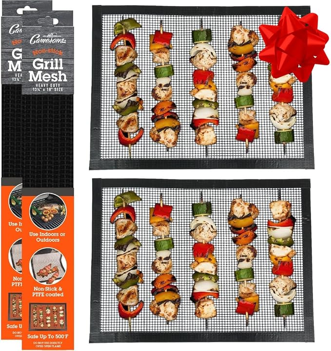 Camerons Grilling Mesh 2 Pack (13.25"x18") - Heavy Duty 100% Non-Stick Reusable Cooking Mesh - Use in Outdoor BBQ Grill & Indoor Oven - Heat Safe up to 500° F - Barbecue Grilling Gift for Fathers Day