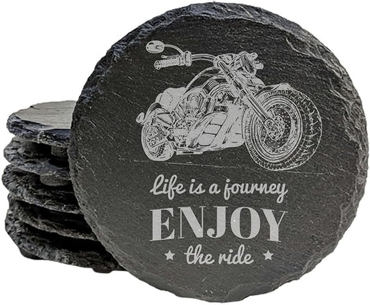 The Open Road Awaits: Motorcycle Coasters with Inspirational Quote - Round Slate - Set of 8