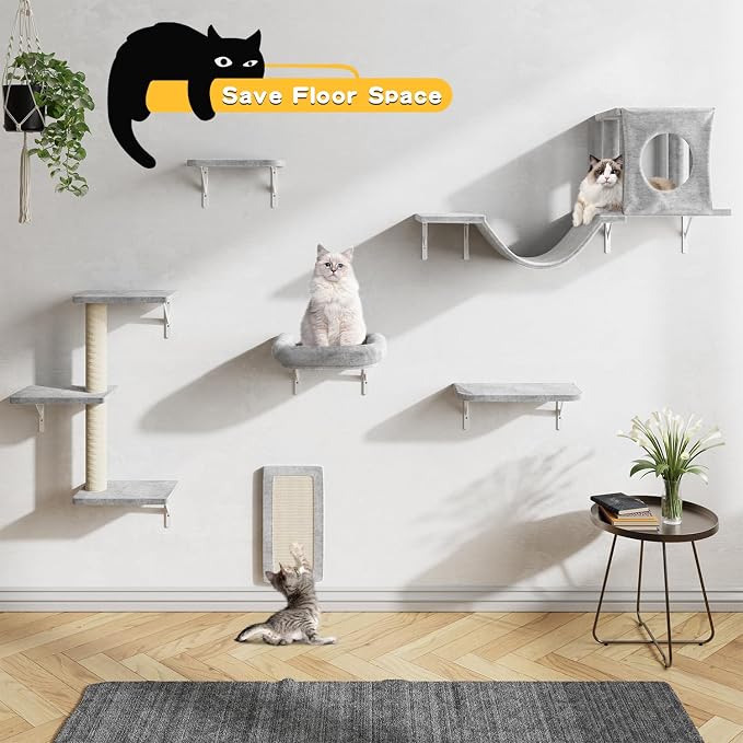 6-in-1 Cat Wall Shelves, Wall Mounted Cat Climber with Condo House, Scratching Post, Bridge Ladder, Space-Saving Indoor Play Furniture for Kittens, Grey