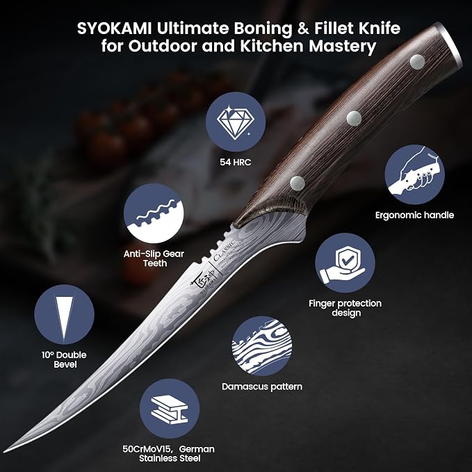Fillet Knife, Razor Sharp 7.2 Inch Boning Knife, High Carbon Stainless Steel Filet Knives with High Flexibility, Wooden Handle, Full Tang Damascus Pattern Fishing Knives, Ideal Gift