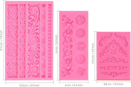 JOERSH 3PCS Baroque Scroll Molds Silicone Border Fondant Mold for for Wedding Birthday Cake Decorating, Cupcake Topper, Chocolate, Candy, Candle, Clay