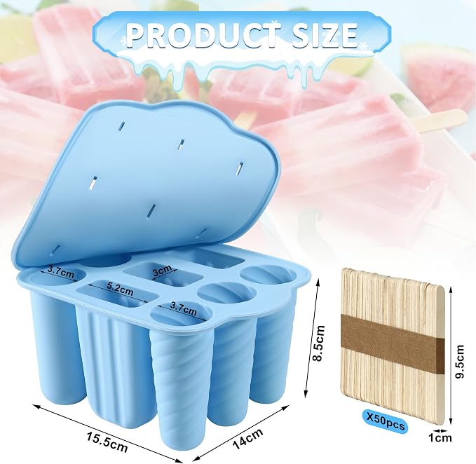 9 Cavity Popsicles Molds with 50pcs Wooden Sticks, Silicone Popsicle Mold, BPA Free Popsicle Maker Molds, Reusable Homemade Ice Pop Mold, Easy-Release Ice Cream Mold for Kids Adult DIY Ice Pops（Blue）