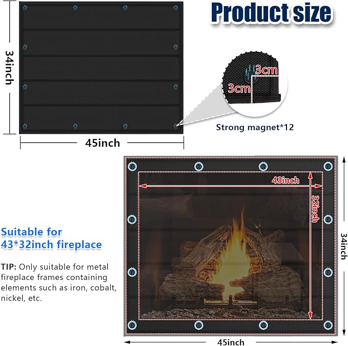 Magnetic Fireplace Blanket for Heat Loss Indoor Fireplace Covers Keep Drafts Out Stops Heat Loss Fireplace Draft Stopper with Built-in 12 Strong Magnet for Iron Fireplace Frame Fireplace Screen 45x34