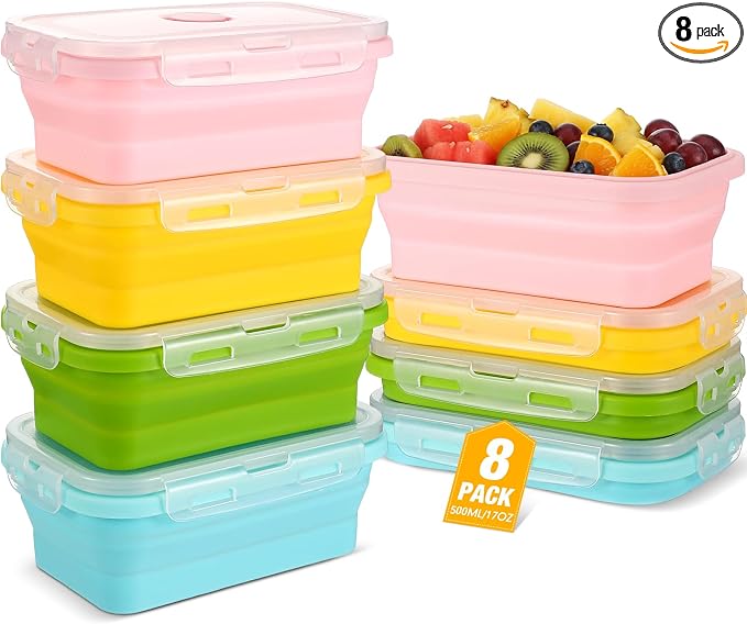 Set of 8 Silicone Collapsible Bowls for Camping with Vent Lid Silicone Storage Containers for Food Meal Preparation Square Bowl Microwave Freezer Dishwasher Safe(Macaron Color,17 Oz/ 500 ml)