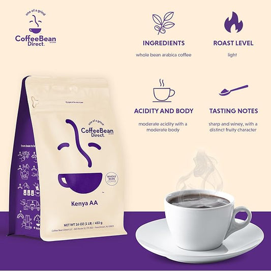 Coffee Bean Direct Kenya AA, Whole Bean Coffee, Light Roast, 1 Pound Bag (Pack of 1)