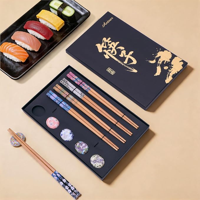 Antner 5 Pairs Reusable Bamboo Chopsticks Set with Ceramic Chopstick Rests, 8.8 Inch Japanese Style Chop Sticks with Holders for Sushi Ramen Asian Cuisine Lovers Gift Set, Black Elegant Packaging