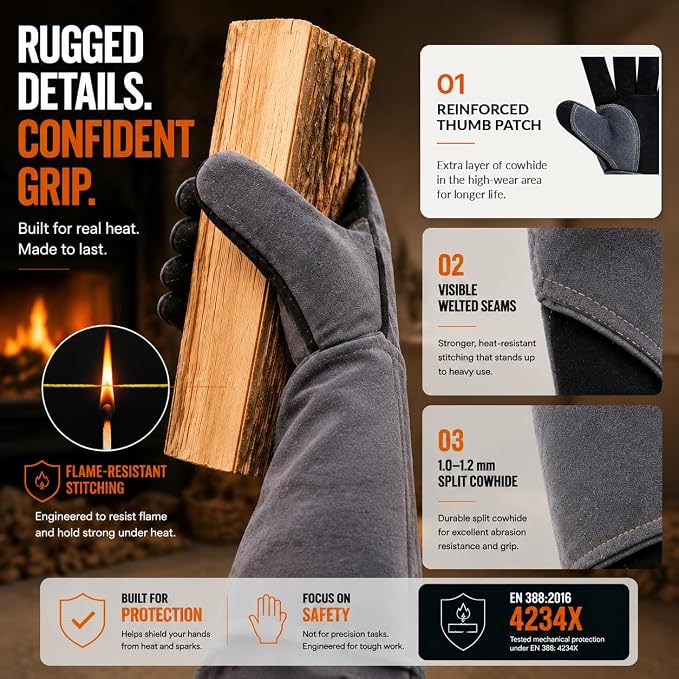 OZERO Welding Gloves: Upgraded Thicker 932°F Heat Resistant, Gray, 14 Inch | 1.2 mm Split Cowhide, Reinforced Palm, Long Cuff, for MIG TIG Stick Forge BBQ Grill Fireplace Fire Pit Wood Stove Oven