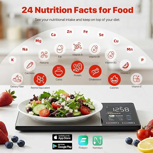Food Scale with Nutritional Calculator, Smart Food Scale for Kitchen Tracks Calories, Fat, Carbs, Protein with Free App for Healthy Eating Meal Prep, 50+ Foods & 23 Nutrients Built-in, TFT Display