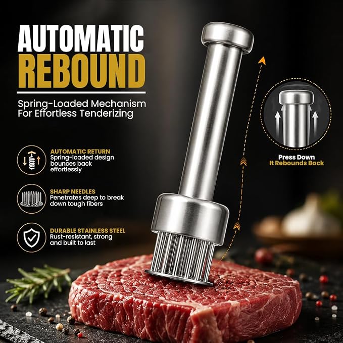 Stainless Steel Meat Tenderizer Tool with 21 Sharp Needles – Blade Tenderizer for Chicken, Beef, Steak – Heavy Duty Meat Pounder Hammer, Easy Grip Kitchen Gadget for Cooking & Chef Tools