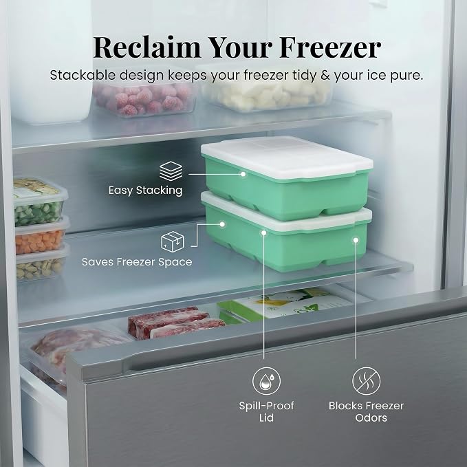 KitchFort® Large Silicone Ice Cube Tray (2-Pack), Easy Release 2" Big Ice Cubes - Cocktail, Whiskey Ice Cubes Mold - Ice Trays for Freezer with Lid - Stackable Silicone Ice Tray - Green