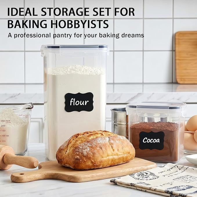 7 PCS Airtight Food Storage Containers with Lids, Plastic Kitchen and Organization Canisters for Cereal, Dry Food, Flour and Sugar, BPA-Free, PVC-Free, Includes Labels & Marker