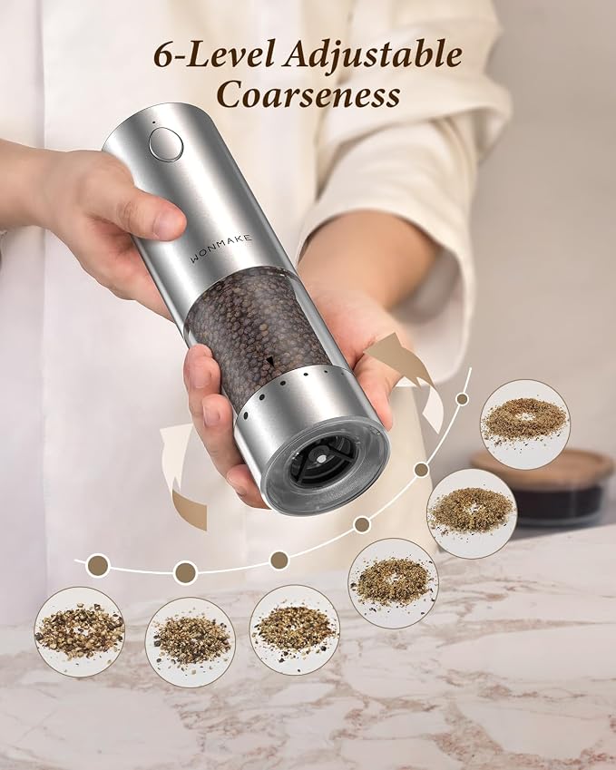 Electric Salt and Pepper Grinder Set - Automatic Refillable Salt and Pepper Grinders with Charging Base & LED Light, 6-Level Adjustable Coarseness with External Dial, Ideal Kitchen Gadget，Silver