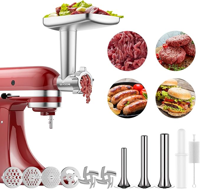 GVODE Metal Meat Grinder Attachment for KitchenAid Stand Mixer | Meat Grinders Includes 4 Grinding Plates, 3 Sausage Stuffer Tubes, 2 Grinding Blades, for KitchenAid Mixer Attachments