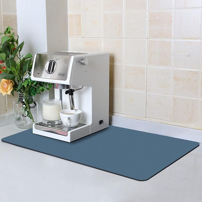 ZLR Coffee Bar Mat for Espresso Machine, 12"x20" Medium, Navy Blue | Absorbent Dish Drying Mat, Stain-Hiding PU Top, Non-Slip Back, Fits Grinder, Knock Box, Tamper & Milk Frother