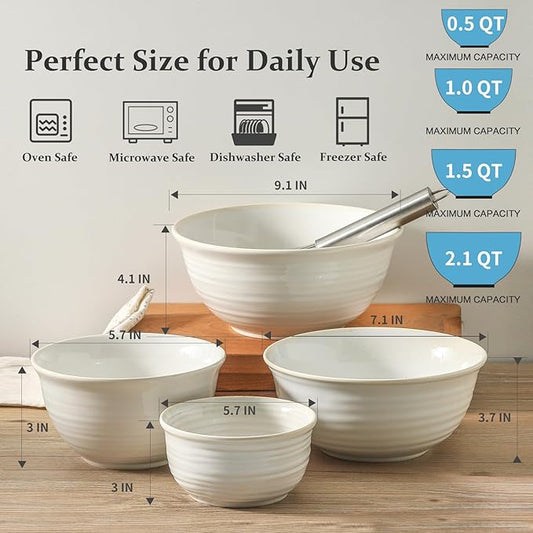 Hasense Ceramic Mixing Bowls, 2.1/1.5/1.0/0.5 Qt, Nesting Bowls for Cooking, Baking, Serving Dishes for Salad, Fruits, Popcorn, Dishwasher & Microwave Safe, Set of 4, Clay-Infused White