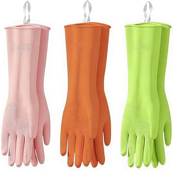 Cleaning Gloves with Hanging Loop, 3Prs Gloves for Washing Dishes | Nitrile Wash Gloves for Women, Latex free Reusable Household Gloves for Kitchen & Bathroom Cleaning, Colorful Size M