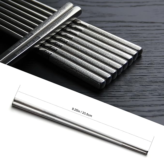 IQCWOOD 5 Pairs 18/8 Stainless Steel Chopsticks – Non-Slip Laser Engraved Metal Chopsticks for Asian Food Sushi Ramen Pho, Reusable & Dishwasher Safe Gift Box