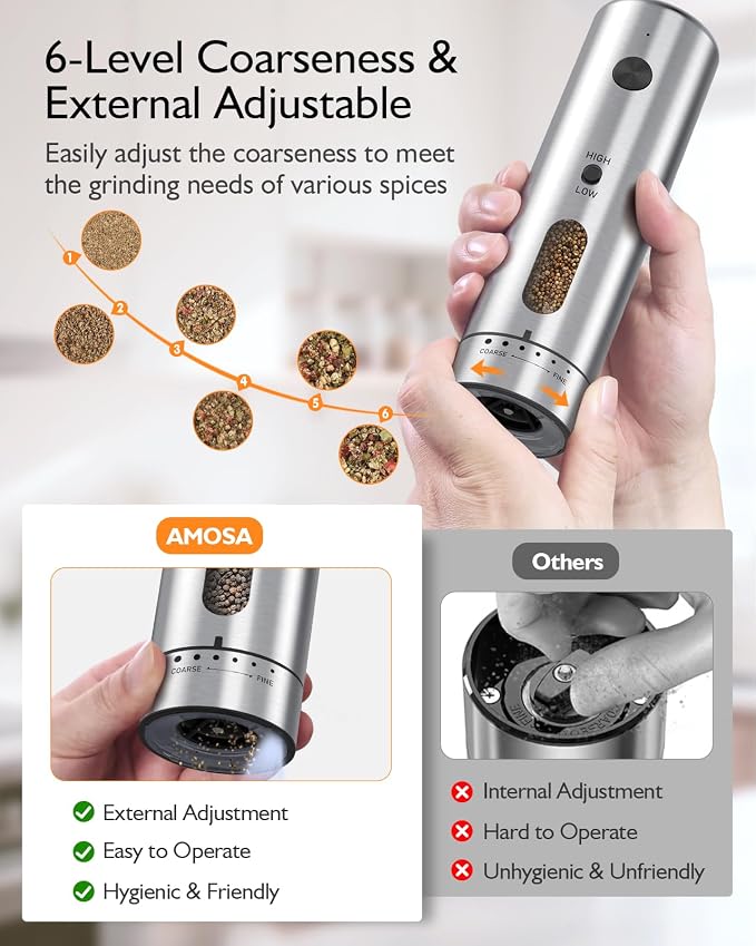 Electric Salt and Pepper Grinder Set, Upgraded 2-Speed Setting, External 6 Adjustable Coarseness, USB C Dual Rechargeable Base, All Stainless Steel Automatic Salt & Pepper Mill Shakers with LED Light