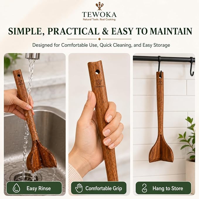 Teak Wood Meat Masher, Wooden Meat Chopper for Ground Beef, Non-Scratch Hamburger Masher & Potato Masher, Heat-Resistant Ground Meat Chopper Tool for Nonstick Cookware