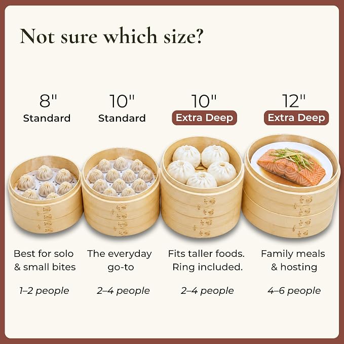 Bamboo Steamer Basket 10 Inch, Extra Deep Dumpling Steamer Set | Incl. Silicone Liners & Steel Ring, Steam Basket For Pot & Wok. Vegetable & Food Steamer For Dim Sum, Bao Buns
