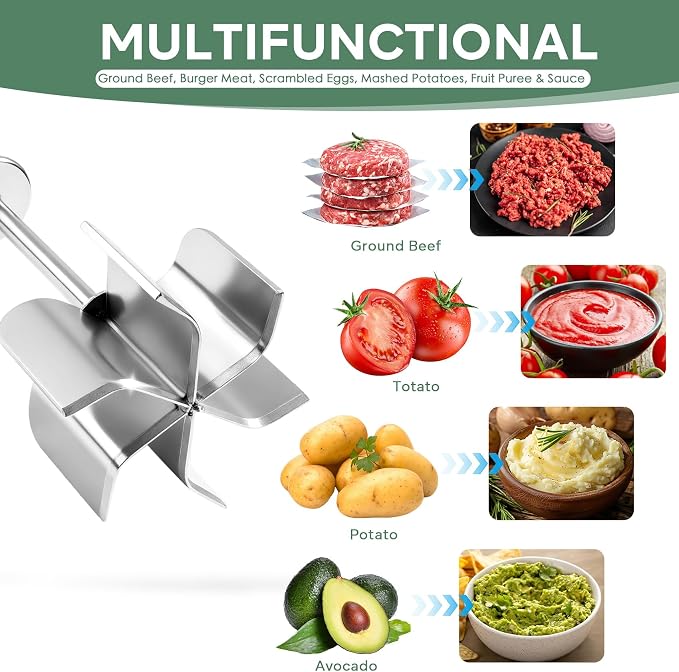 Stainless Steel Meat Chopper & Masher, Ground Beef Chopper Tool | Heavy Duty 6 Curve Blades, Heat Resistant Meat Masher, Hamburger Smasher & Multi-Use Kitchen Tool