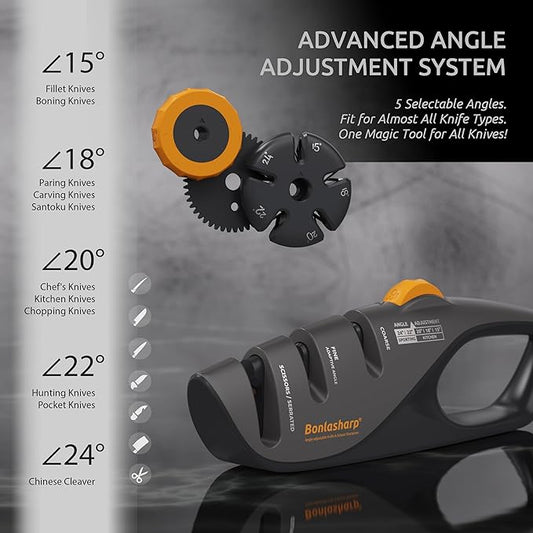 5-Angle Adjustable Knife Sharpener (15°-24°) – Effortless Precision for Kitchen, Bread, Serrated Knives & Scissors | Handheld Sharpener with Self-Adapting Fine Slot for Safe, Reliable Sharpening