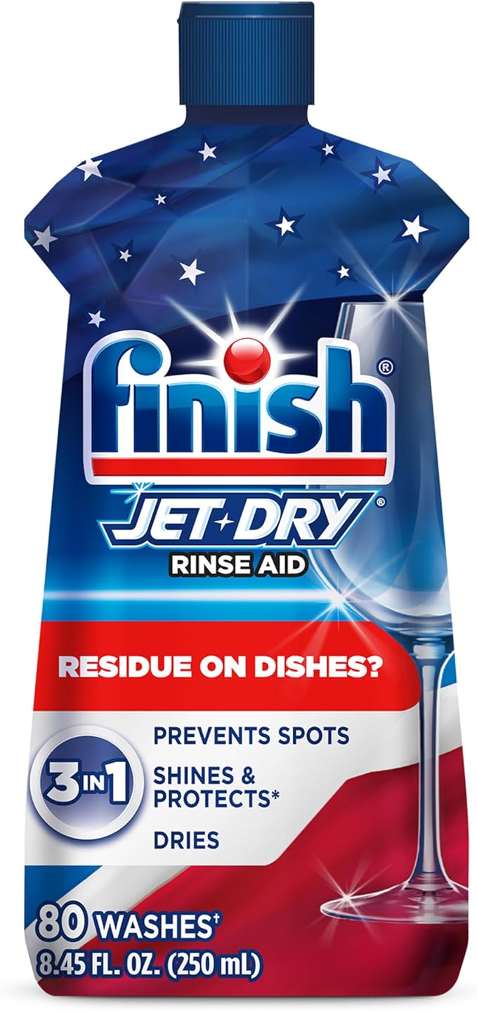 Finish Jet-Dry Dishwasher Rinse Aid, Compatible with Dishwasher Detergent, Prevents Spots & Residues, Dries, Shine & Protects, 8.45 oz, 80 Washes.
