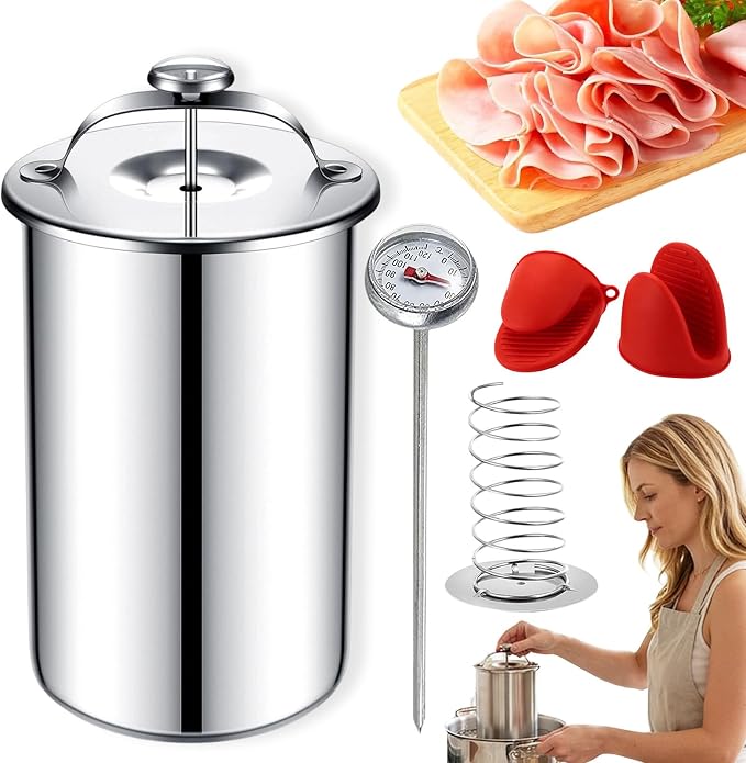 Deli Meat Press Stainless Steel with Thermometer - 1 to 1.2 Kg Lunch Meat Press Mold for Deli Meats Homemade Ham Maker Lunch Meats Presss for Making Sandwich, Delimeat, Lunchmeat (Flake Handle)
