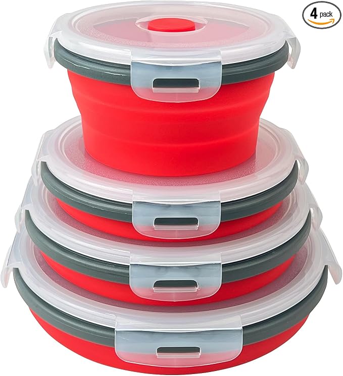 Guyuyii 4 Pack Food-Grade Silicone Collapsible Bowls with Lids for Camping | BPA-Free Round Nesting Set for RV Travel, Hiking, and Outdoor Recreation Activities | Microwave, Freezer, Dishware Safe
