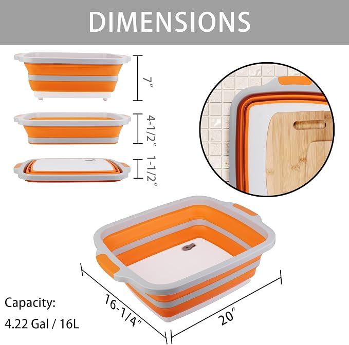 Tiawudi Large Collapsible BBQ Prep Tub with Lid(4.22 Gal/16L), Foldable Camping Sink with Colander, Cutting Board, Dish Basin for Kitchen, Bowl, Vegetable and Fruit, Storage Basket for Picnic