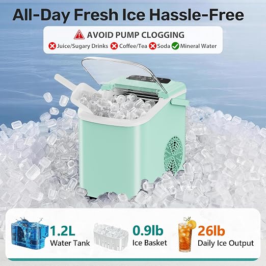 OLIXIS Countertop Ice Maker with Self-Cleaning, Portable Ice Maker Machine with Scoop, 26Lbs/24H, 9 Cubes in 6 Mins, 2 Sizes of Bullet Ice for Home, Kitchen, Office, Green