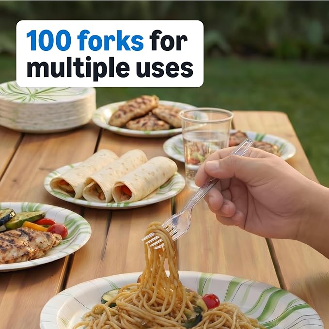 Amazon Basics Disposable Clear Plastic Forks, Premium Quality, 100 Count, Large Pack, Packaging May Vary