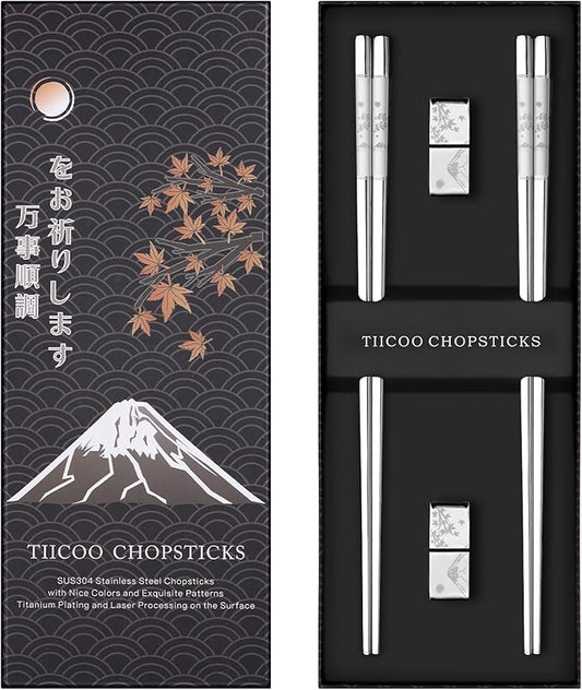 Metal Chopsticks Reusable 2 Pairs Titanium Plated 18/8 Stainless Steel Chopsticks with Holder, Dishwasher Safe Non-Slip Japanese Style Laser Engraved Chop Sticks Gift Set (Silver)