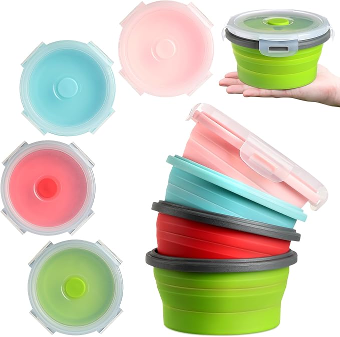 4 Pcs Collapsible Bowls with Lids Silicone Camping Food Storage Container Expandable Folding Salad Lunch Box Travel Container for Hiking Camping