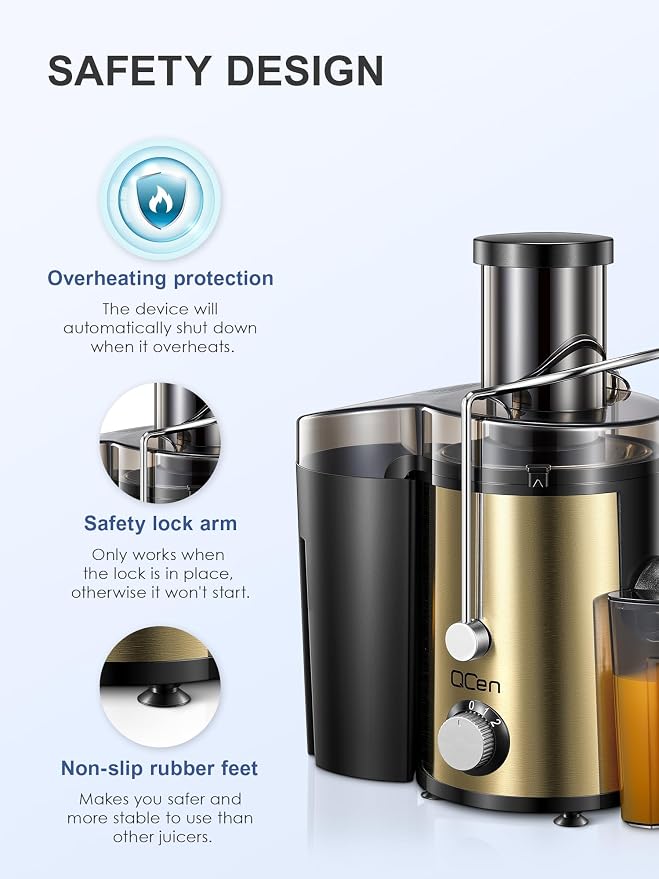 Juicer Machine 800W Centrifugal Juicer with Wide Mouth Feed Chute | For Fruits And Vegetables, Stainless Steel, BPA-Free Parts, Easy To Clean, Gold Finish, Fast Juice Extraction