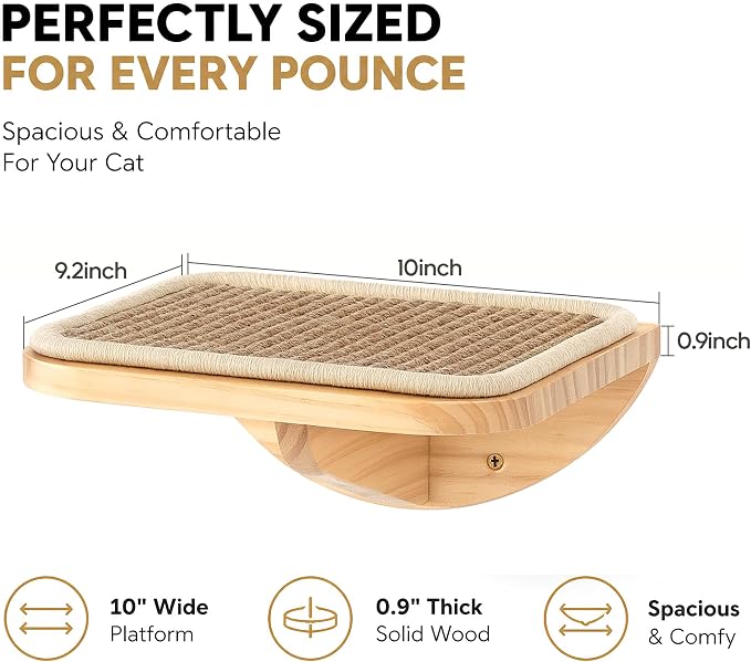 Wall Mounted Cat Steps 2 Pack – Square Wood Cats Shelves with Sisal Mat for Climbing, Jumping & Resting
