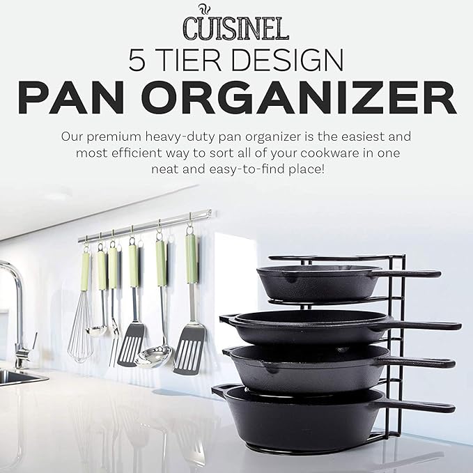 Cuisinel Heavy Duty Pots and Pans Organizer Rack - 12.2"-Inch Tall - 5 Tier Rack - Holds 50 LB - Cast Iron Skillets, Griddles, Shallow Cookware - Space Saving Kitchen Storage - No Assembly Required
