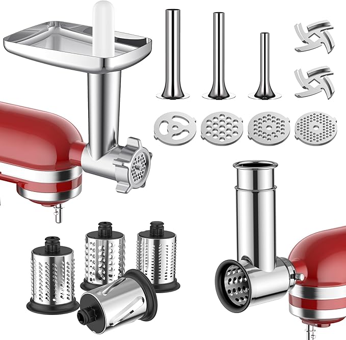 Meat Grinder & Stainless Steel Slicer Shredder Attachment for KitchenAid | Sausage Stuffer, Food Slicer, Shredder, Cheese Grater & Salad Maker, 4 Plates, 4 Blades, Food-Grade Metal, COFUN