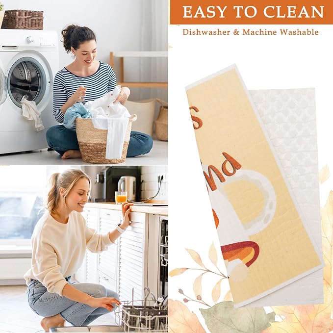Whaline 6 Pcs Fall Thanksgiving Swedish Dishcloths Pumpkin Maple Leaf Sweater Word Dish Towels Reusable Washable Cotton Kitchen Towels for Autumn Baking Cooking Home Kitchen Decor, 6.7 x 7.7 Inch