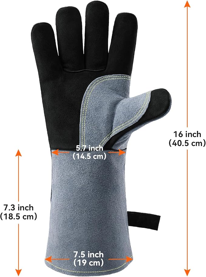 OZERO 16-Inch Welding Gloves: 932°F Heat Resistant Gloves, Black-Gray | 1.2 mm Split Cowhide, Reinforced Palm, Long Cuff, for MIG TIG Stick Forge BBQ Grill Fireplace Fire Pit Wood Stove Oven